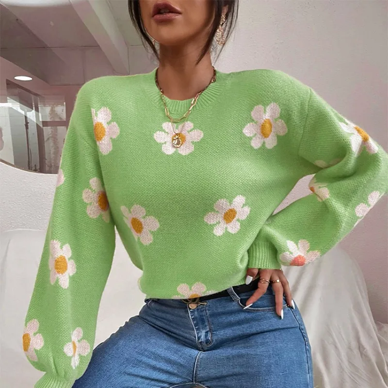 Women Round Neck Sweater Flower Jacquard Knit Top Autumn/winter New From Europe and America