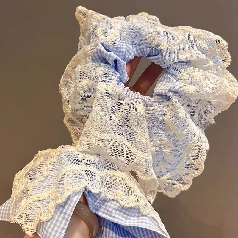 Premium Lace Square Scrunchie Beige Color Large Bow Soft Elastic Ponytail Holder for Low Bun Women Retro Style Hair Tools