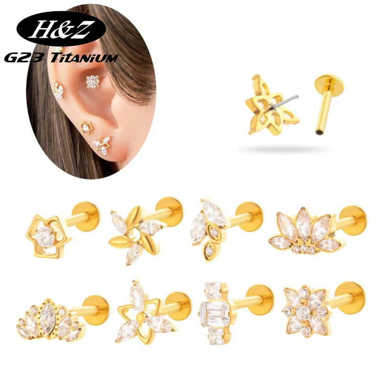 

2PC G23 Titanium Piercing Stud Earring Zircon Flower Threadless Flat Back Push In Helix Tragus Labret Stud Nose Piercing Jewelry