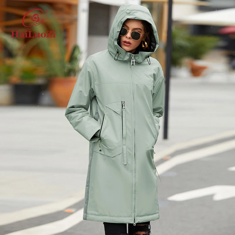 HaiLuoZi 2022 Long  Simple Spring Women Coat Fashion Soild Color Warm Women\'s  Jacket Female Hooded Elegant Windproo Parkas 7863