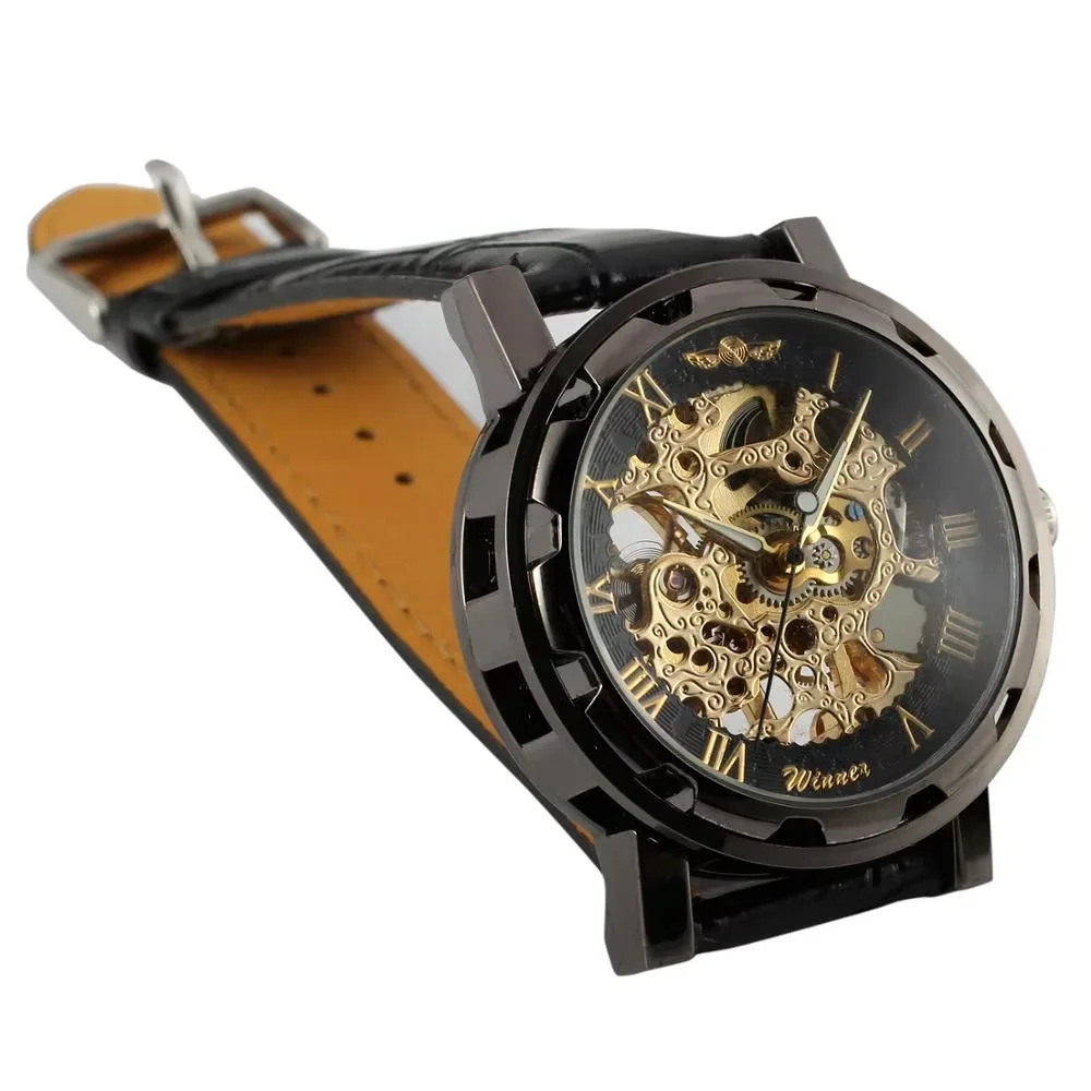 WINNER Fashion trend men's and women's watches creative black gold hollow design leather strap automatic mechanical watches