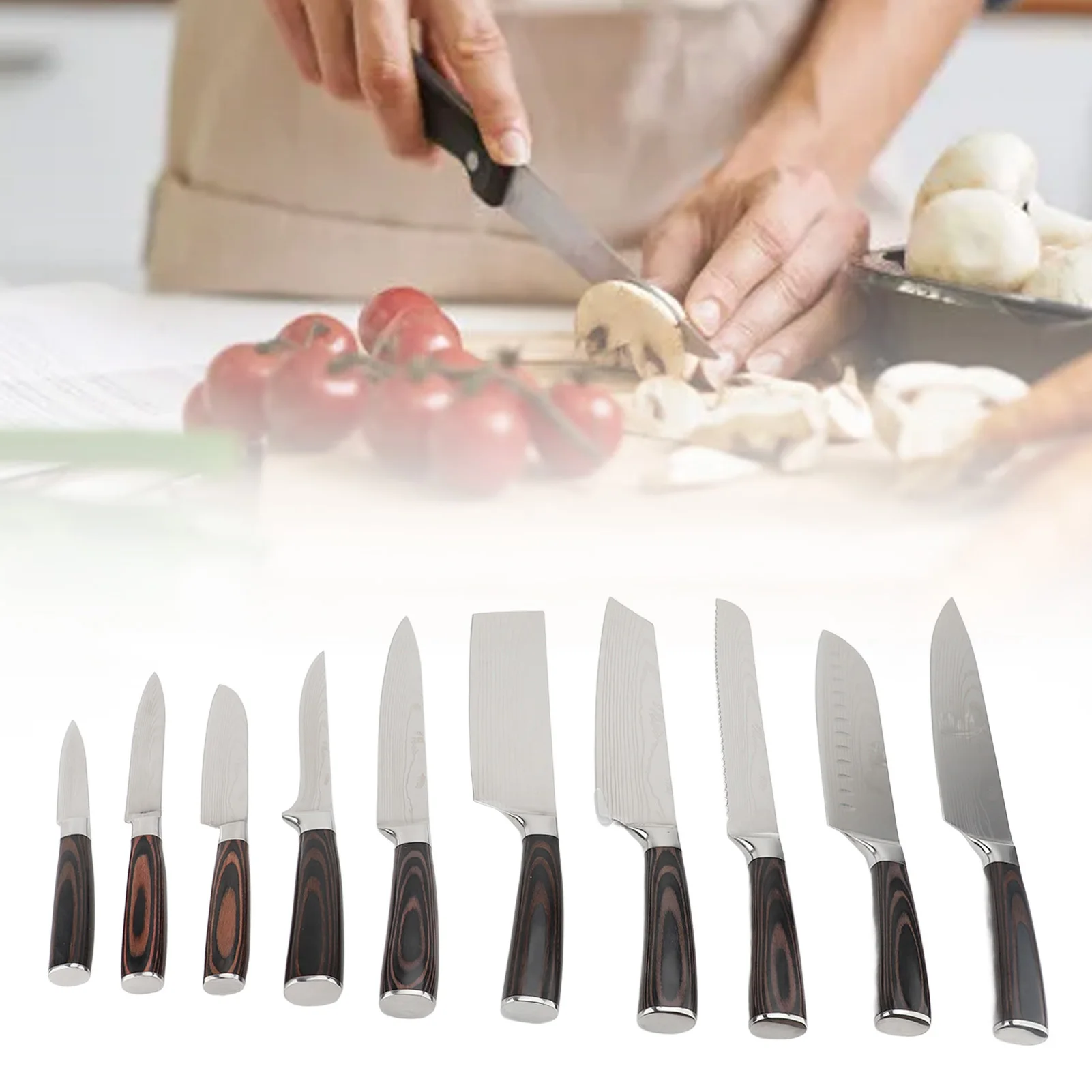 

10PCS Stainless Steel Cutter Set Set Kitchen Cutter Set 5CR15 Stainless Steel Wood Handle Damascus Pattern Cooking Cutter Kit