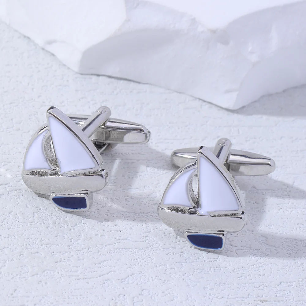 Simple Versatile Fashion Colorful Blue Bottom Sailboat Cufflinks Alloy Men's Shirt Sleeve Studs Shirt Buckles Gifts Accessories