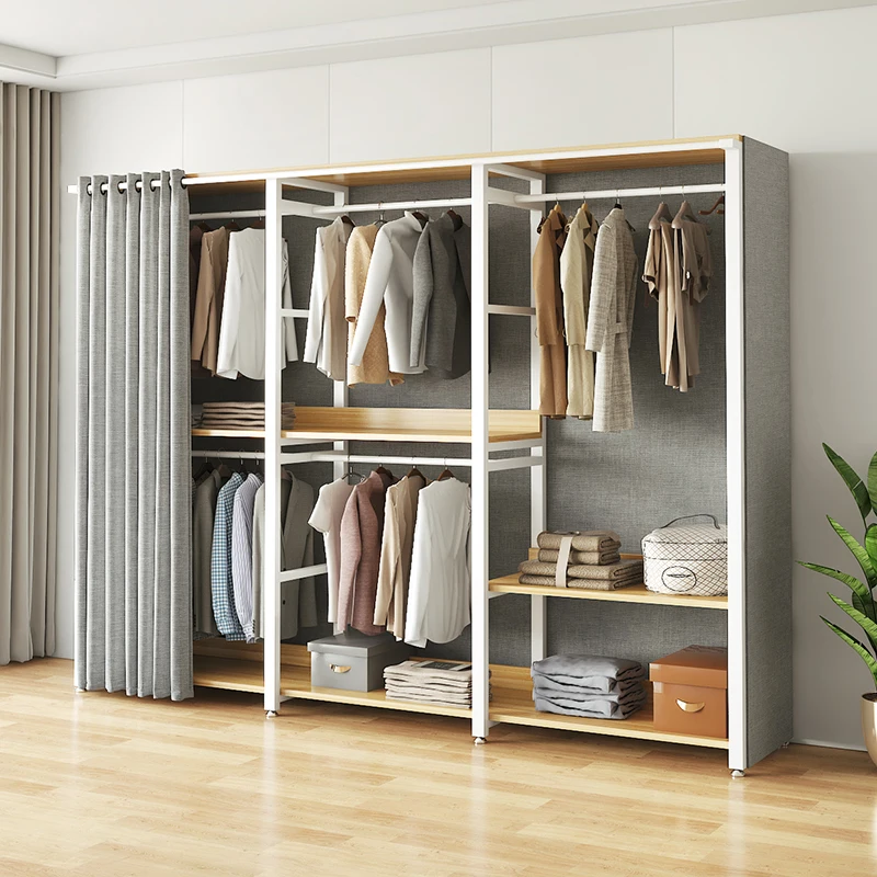 

Simple Household Wardrobe Bedroom Steel Wood Combination Cloth Wardrobe Modern Simple Rental Room Metal Roupeiro Furniture
