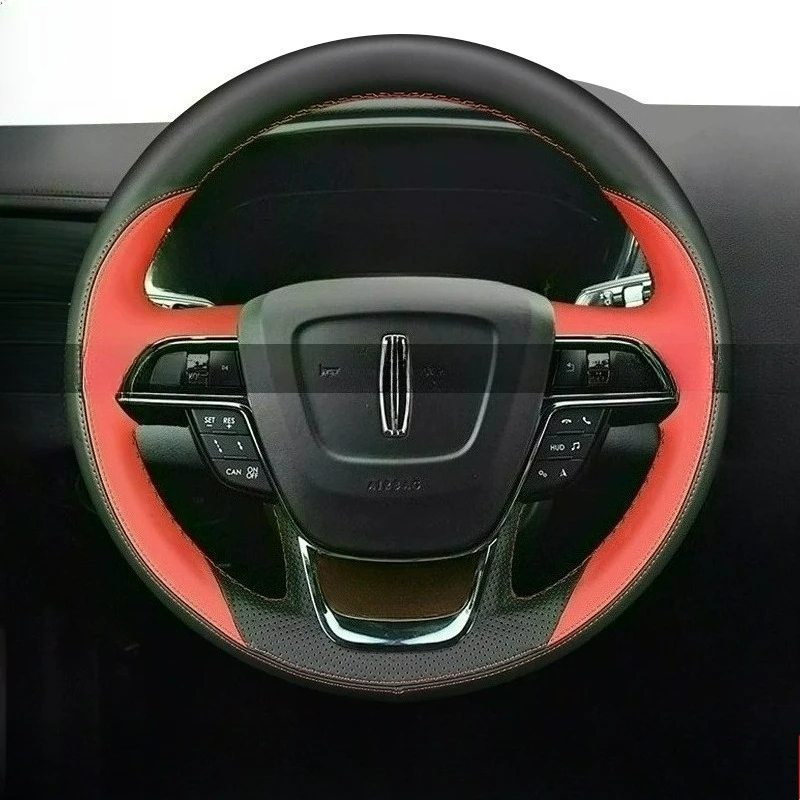 

Hand Stitched renovation wear-resistant Non-slip black red leather car Steering wheel cover For Lincoln Aviator 2020-2023