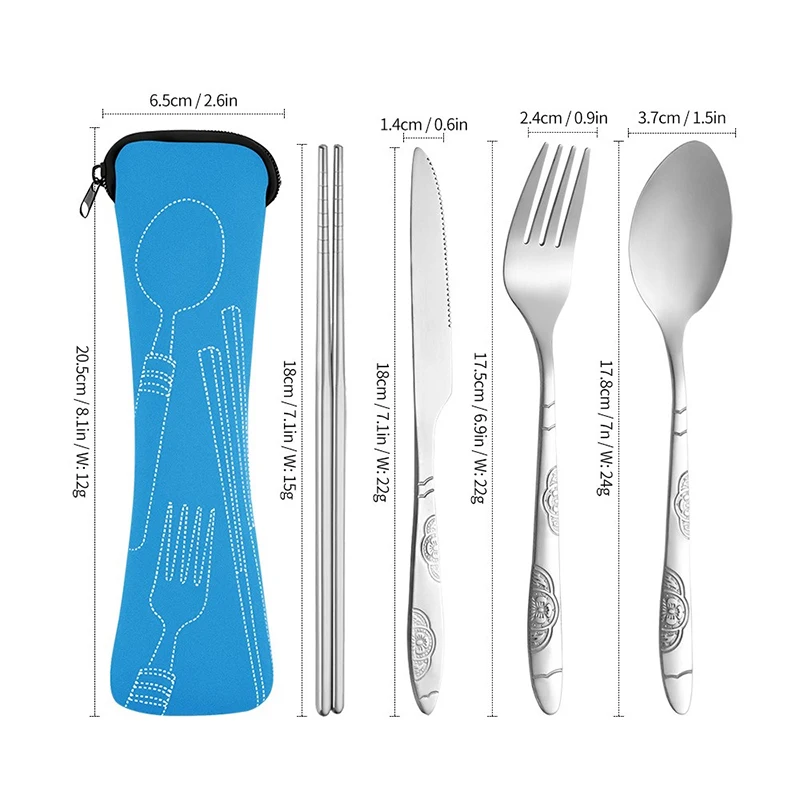 Conjunto de Talheres Portáteis para Camping com 5 Peças, Garfo, Colher e Facas, Conjunto de Talheres para Viagem, Utensílios de Mesa Portáteis para Atividades ao Ar Livre com Bolsa DCS003