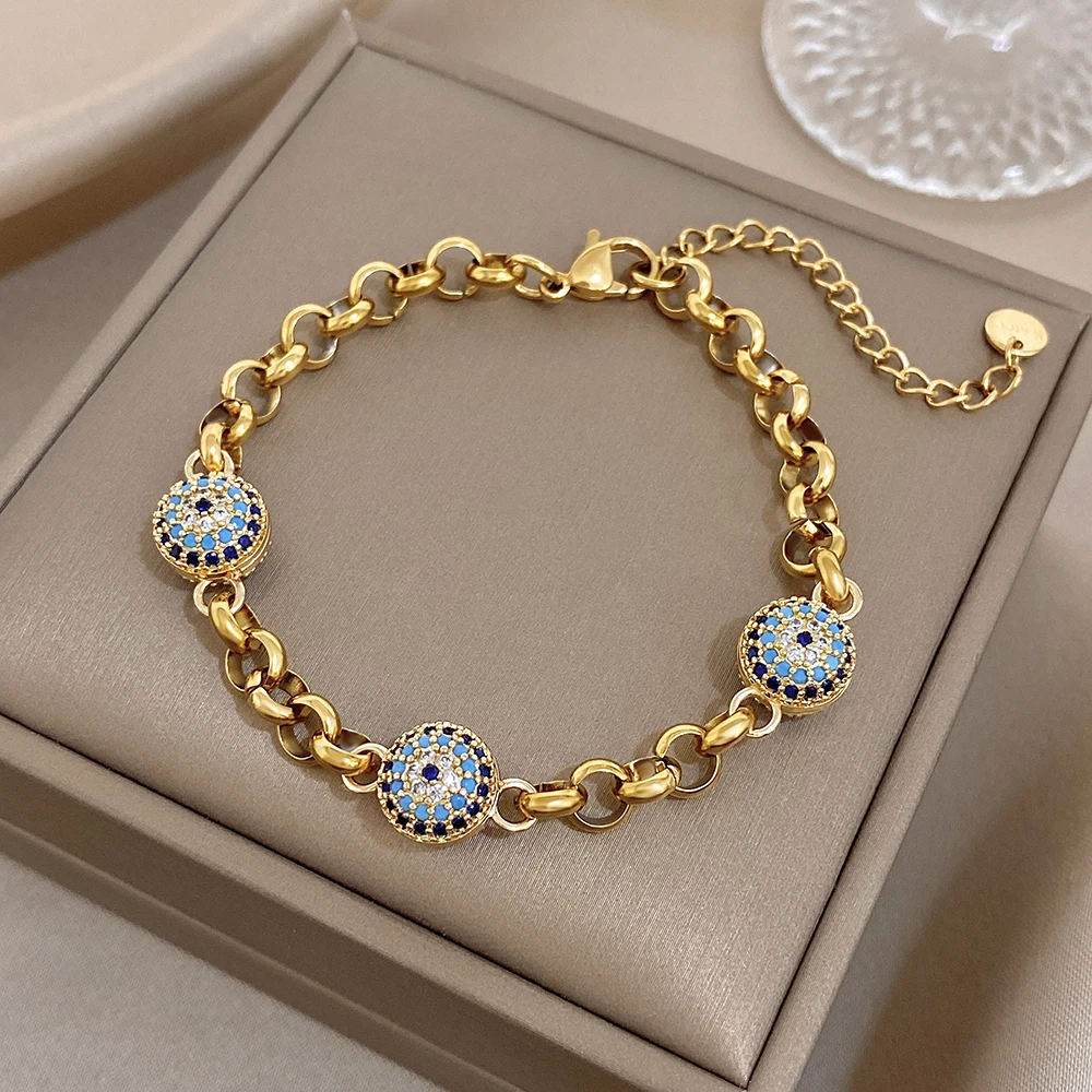 Dainty Evil Eye Balls Link Chain Bracelet for Women Stylish Gold Plated Stainless Steel Wristband Bracelets Waterproof Jewelry