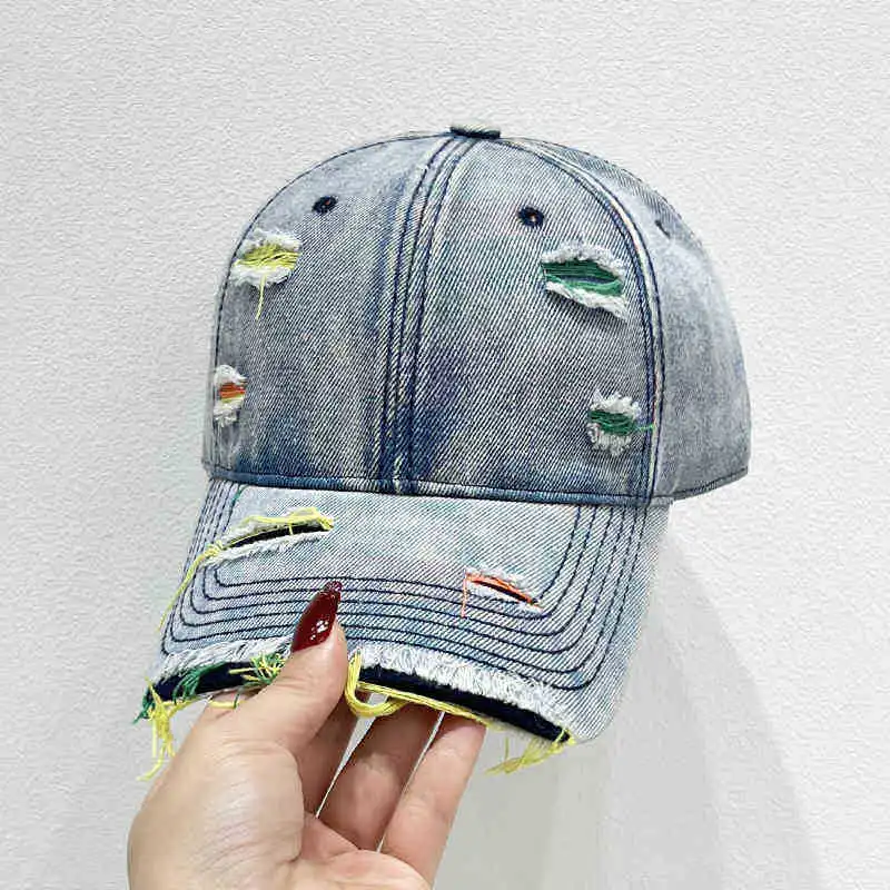Neue Stil Frauen Kappe Tränen Stil Loch Vintage Bunte Linien Baseball Caps Weibliche Casual Outdoor Streetwear Denim Hut – Detail 14
