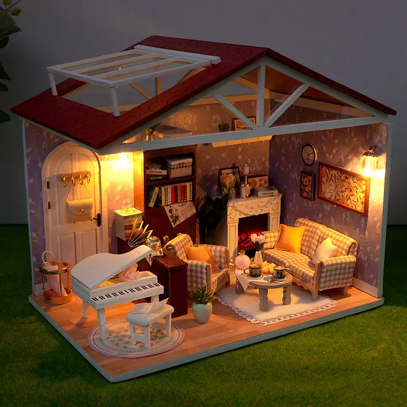 Zestaw do samodzielnego montażu drewnianego modelu miniaturowego sklepu, domków dla lalek 3D z meblami i oświetleniem, idealny na prezent urodzinowy dla przyjaciół.