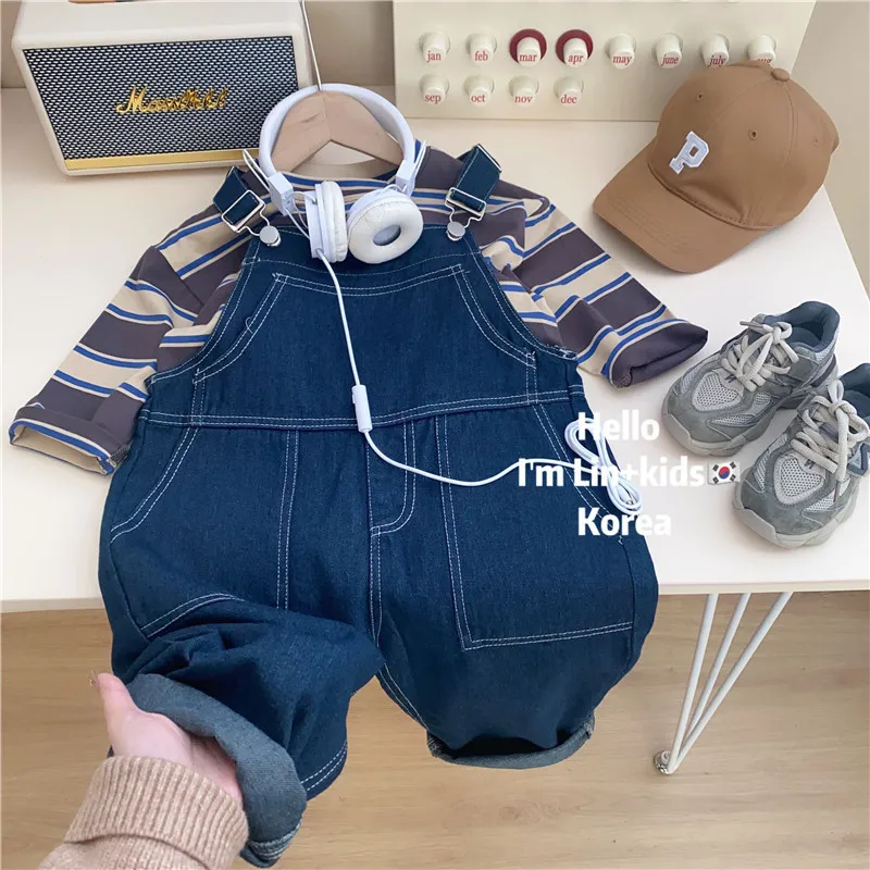 

Trendy Girls' Overalls Set Spring New Boys' Striped OutfitTT-shirt+Two-piece Jeans Set