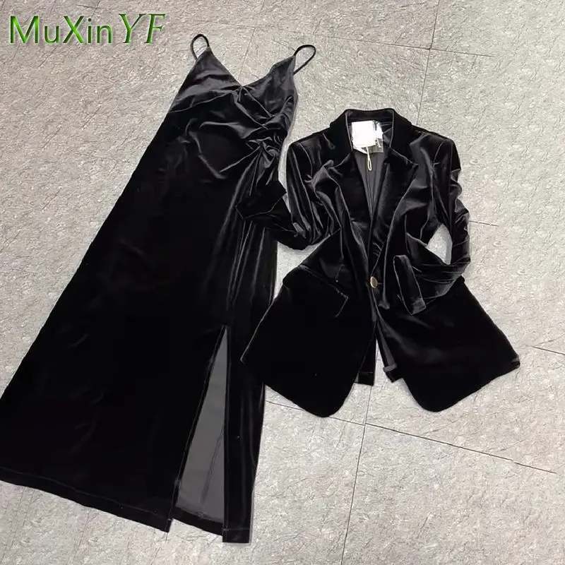 Women\'s Autumn Winter New Fashion Suit Coat+Suspender Velvet Dress Two-piece Korean Elegant Casual Black Blazer Midi Skirt Set