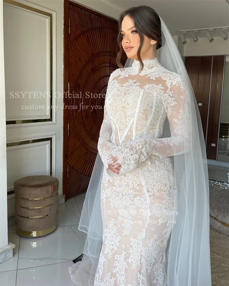 SSYTENS Spitze Brautkleider High Neck Lange Meerjungfrau Braut Kleid Saudi-Arabien Brautkleid Angepasst Luxuriöse vestidos de novia