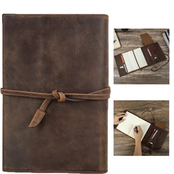 Handmade Genuine Leather A5 Paper Laptop Notebook Cover Strap with Multiple Card Positions Stationery School Office Supplies