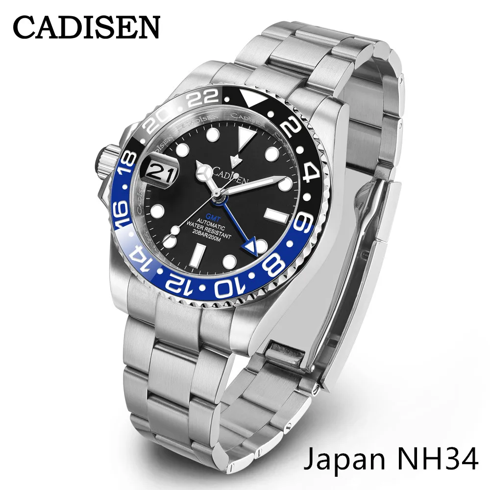 CADISEN New Mens GMT Luxury Watch 200M Waterproof AR Sapphire mirror Steel Wristwatch Mechanical NH34 Movt Ceramic Bezel Watches