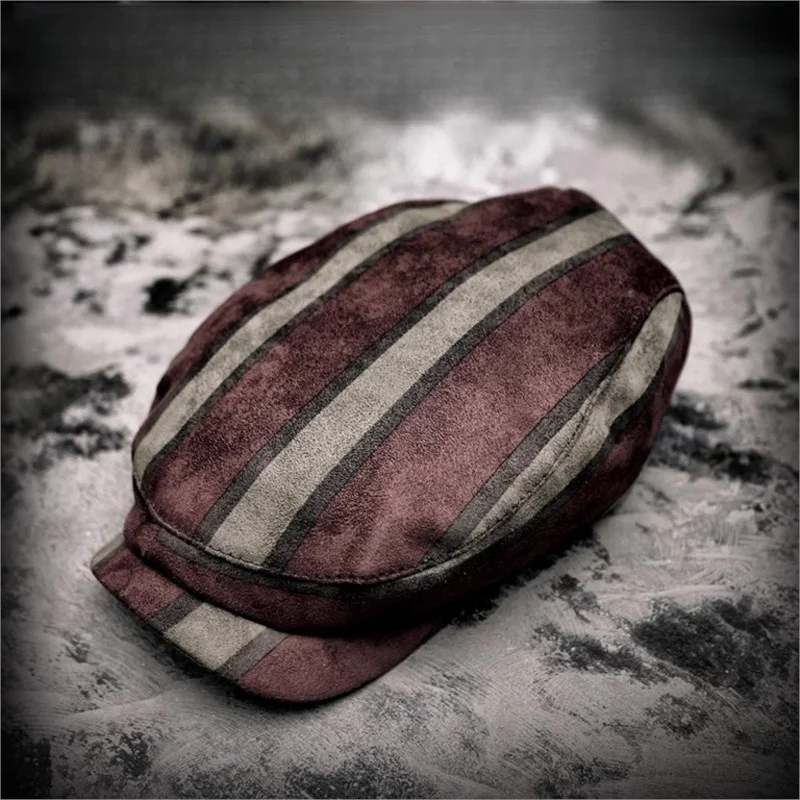 

Striped leather cloth beret for men vintage peaked cap front hat women