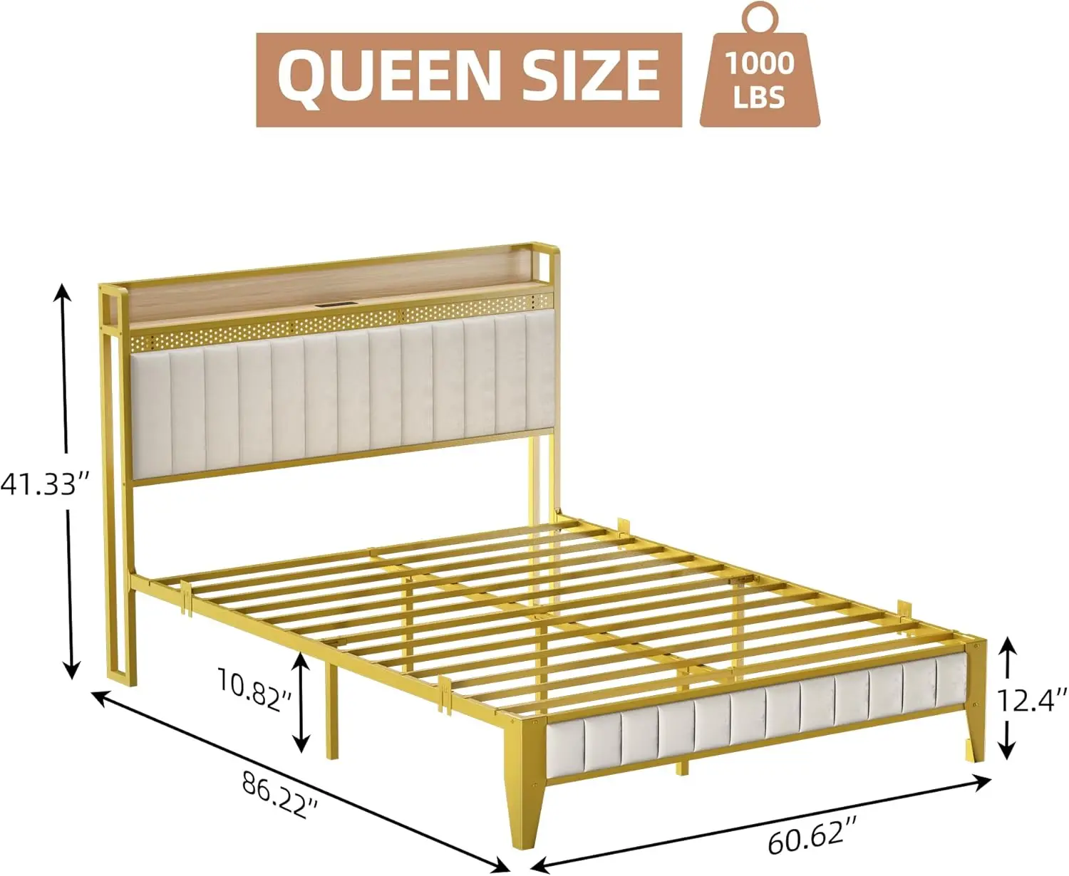 Queen Bed Frame With Charging Station, Led Bed Frame With Storage Headboard, Upholstered Platform Bed Frame, No Box Spring