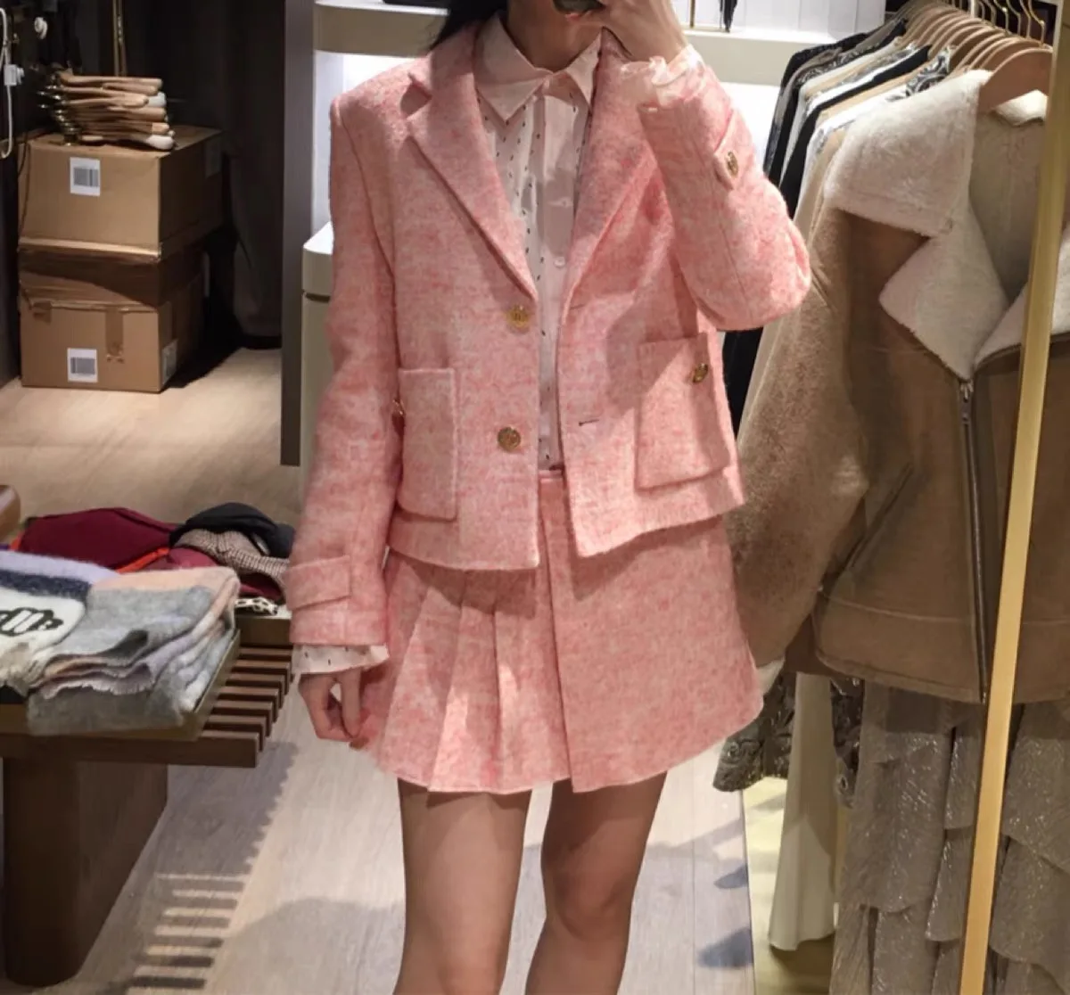 

M Home 2023 Spring Summer Woolen Suit Jaet with Large Patch ket And A-Line Skirt Set Pink Faionable Women's Ensemble