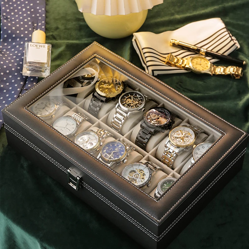 

Luxury Leather Watch Display Storage Collection Organizer With Glass Top Men & Women's Watch Jewelry Bracket Display Box Gifts