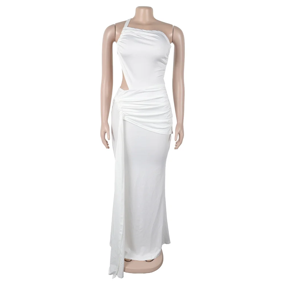 Slergiri Abito lungo increspato elegante tinta unita da donna 2025 Abiti aderenti senza maniche da sera con ritaglio sexy di nuova moda