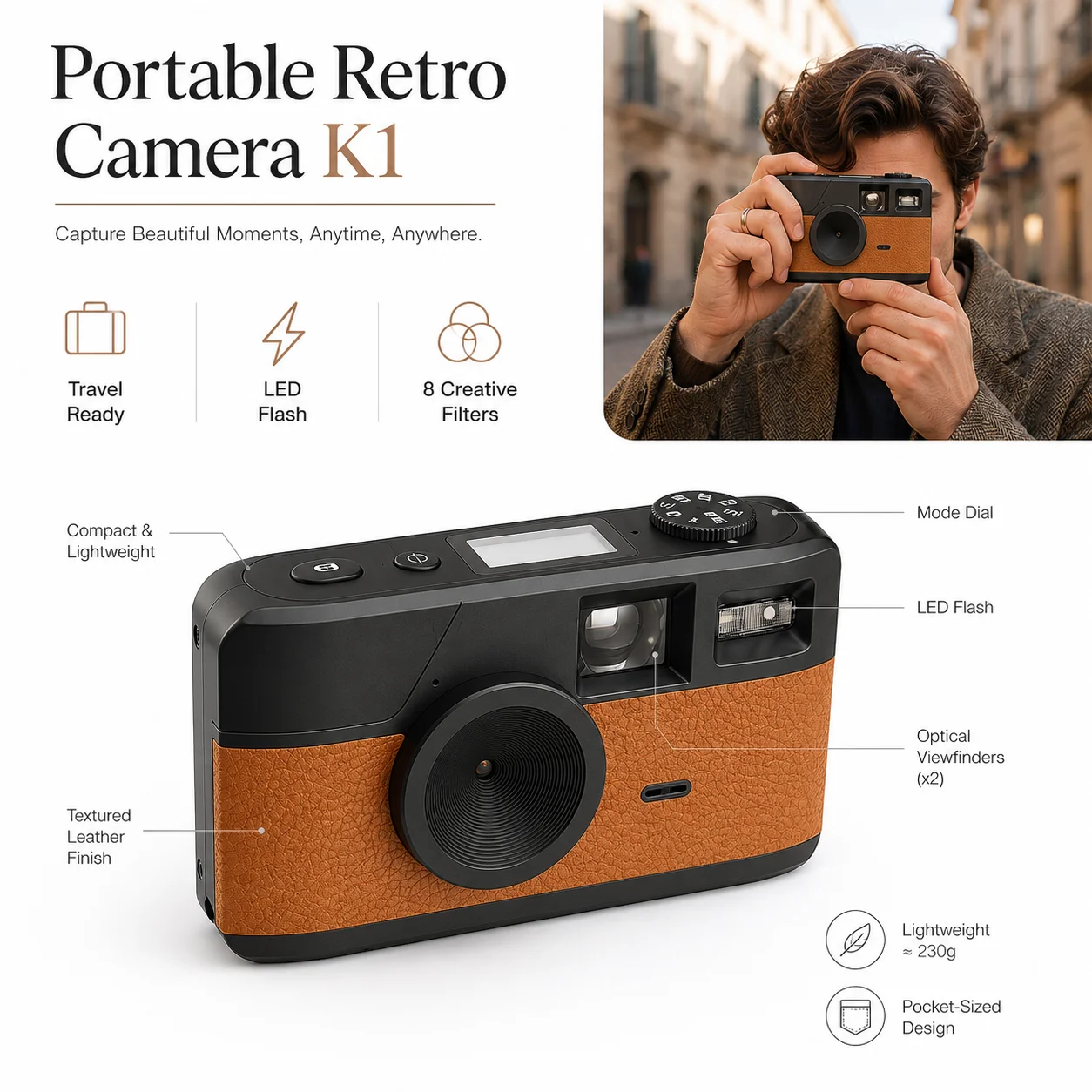 Retro Screenless Digital Camera K1 8MP CMOS 8 Filters LED Flash Counter Compact Vintage Style Travel Photography Camera