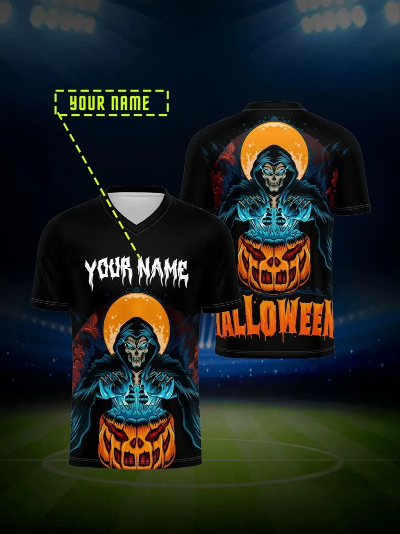Mais novo nome personalizado traje de halloween 3d impresso camiseta para homens mulheres com decote em v topos legal camisa de halloween camisa perso