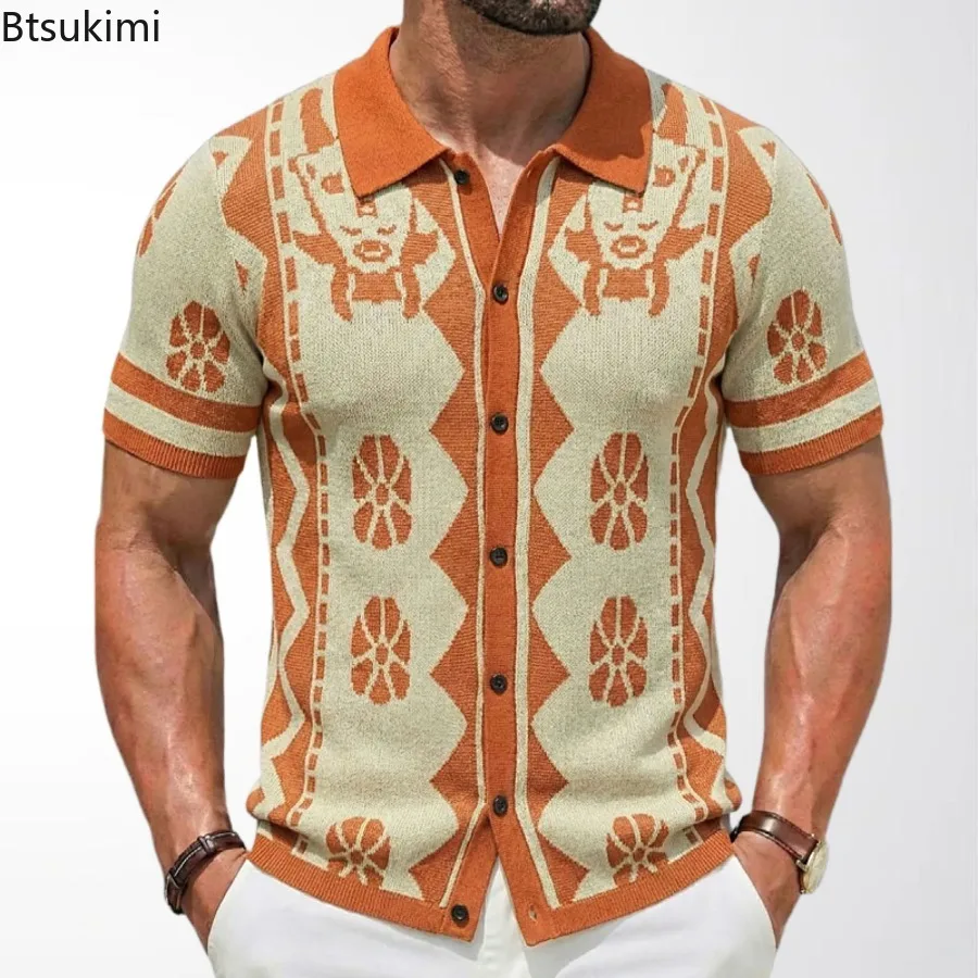 

Летняя мужская вязаная жаккардовая рубашка-поло, модная винтажная полосатая футболка с короткими рукавами и лацканами, мужская уличная одежда, деловые повседневные топы