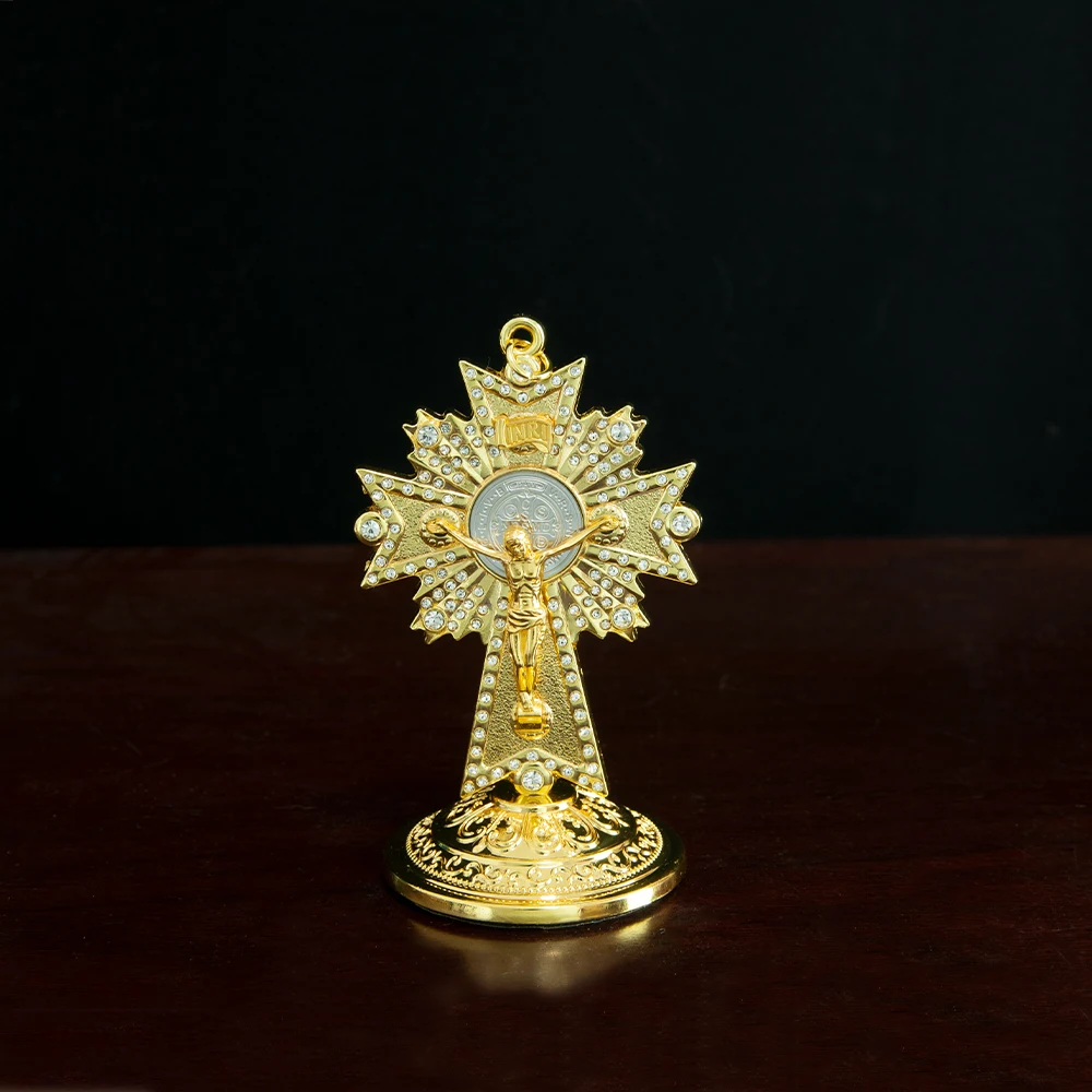 HTISOK Vergoldetes Katholisches Kirchenkreuz mit Ständer, Kirchen-, Heim- und Autodekoration, Jesus-Kruzifix, religiöses Kunsthandwerk, Geschenk – Detail 9