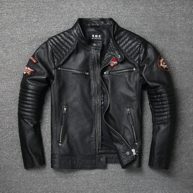 

Fashion Black New Men's Natural Top Cowhide Leather Jackets Moto Jacket Biker Leather Coat Slim Clothing