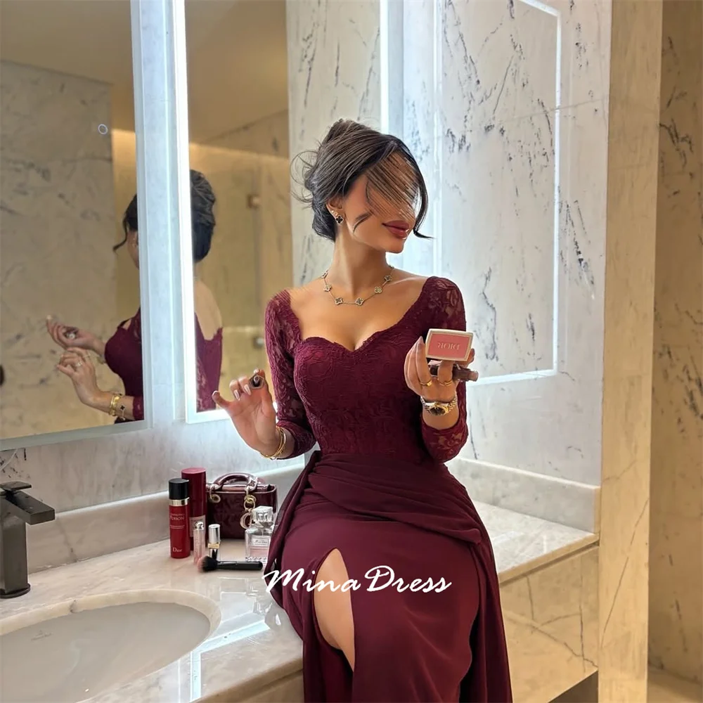 미나 맞춤 레이스 사이드 슬릿 버건디 고급스러운 스퀘어 넥 스커트 이브닝 드레스 럭셔리 우아한 파티 드레스 여성 프롬 2025