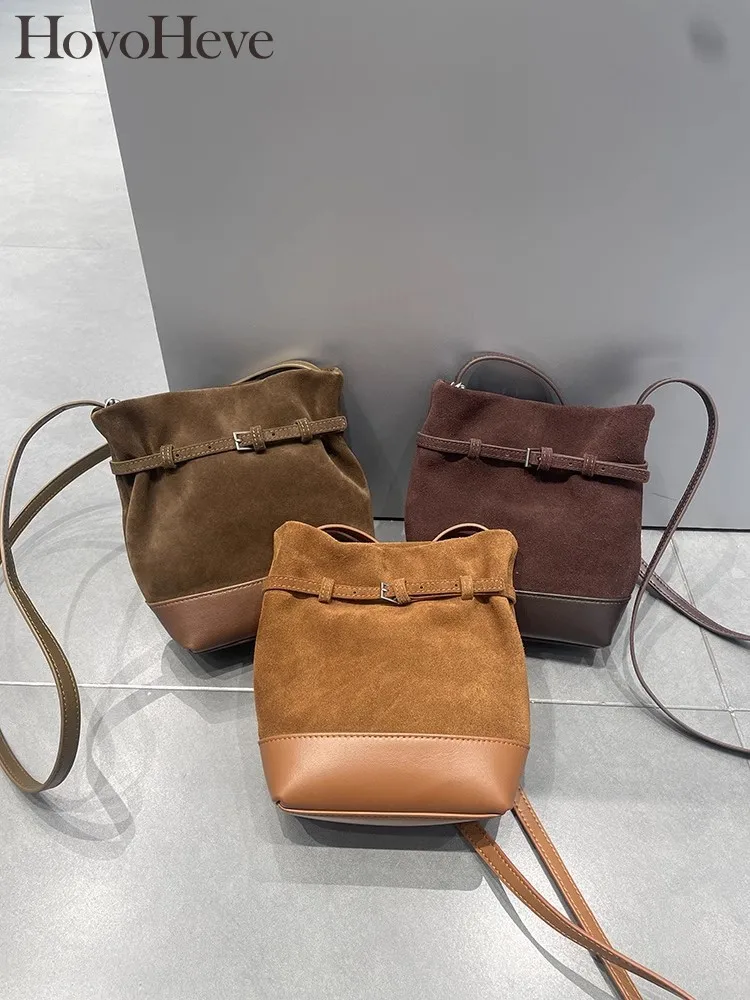 Vintage Autumn Women Casual Suede Cowskin Bucket Bag Hasp Single Shoulder Bag Ladies New Handabg Genuine Leather Messenger Bags