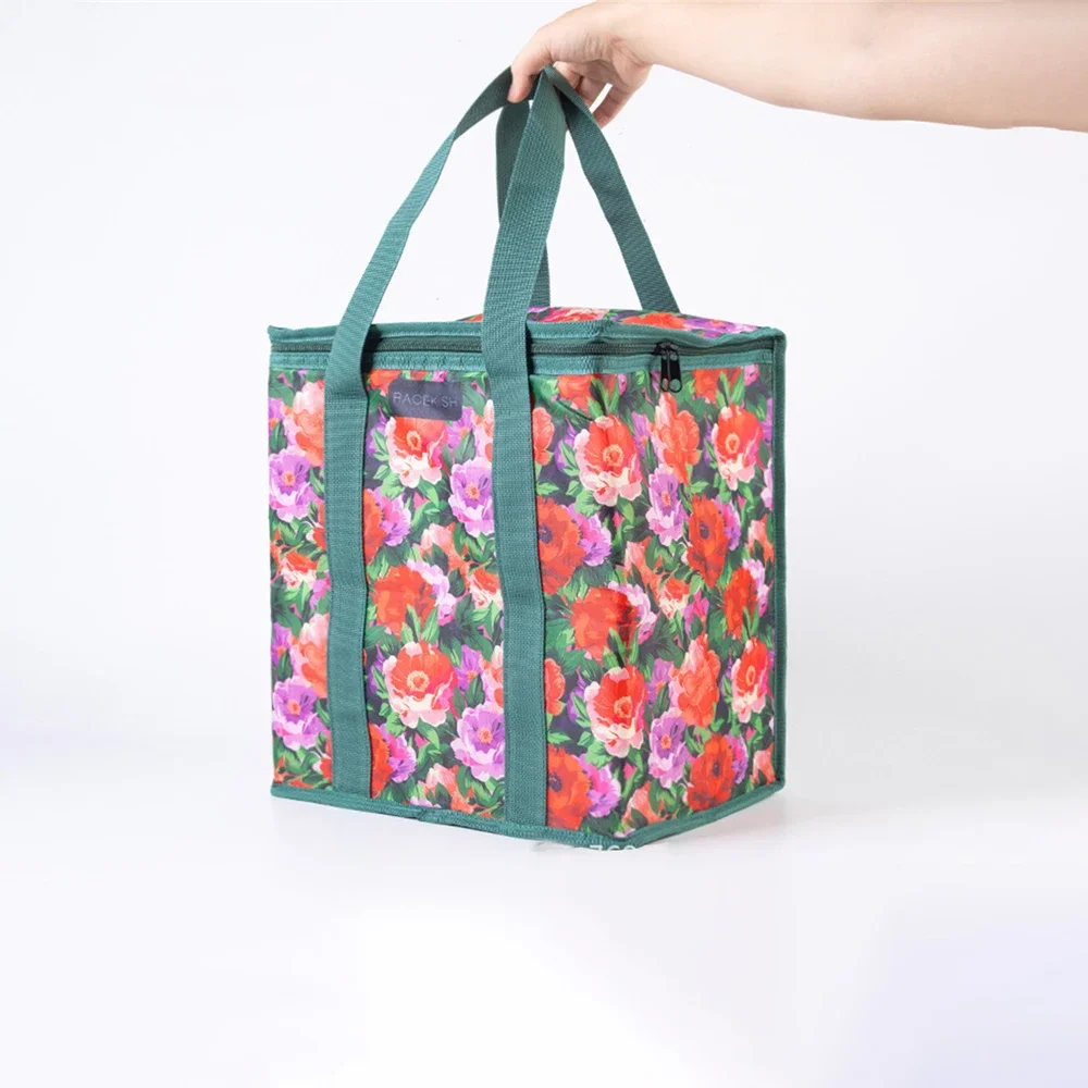 Pastoral Oxford Cloth Storage Bag Thickened Insulation Aluminum Film Flower Printed Tote Bag Outdoor Travel Storage Bag