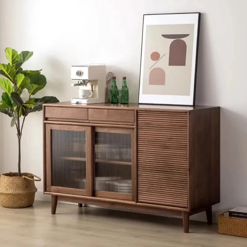 Black walnut dining side cabinet, Nordic all solid wood Chinese wine cabinet, living room storage side cabinet glass short cabin