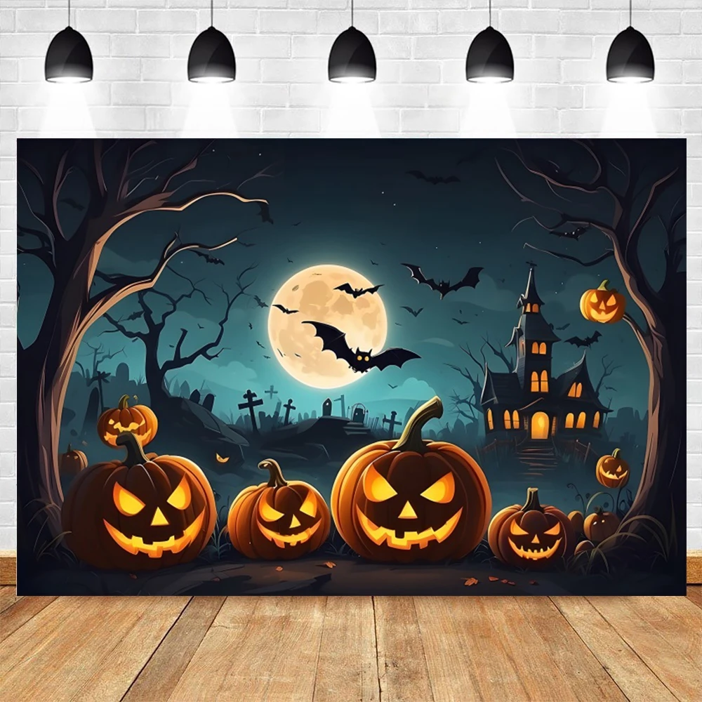 Halloween Background Night Full Moon Dark Forest Horror Pumpkin Lanterns Baby Portrait Photography Backdrop Photo Studio Props