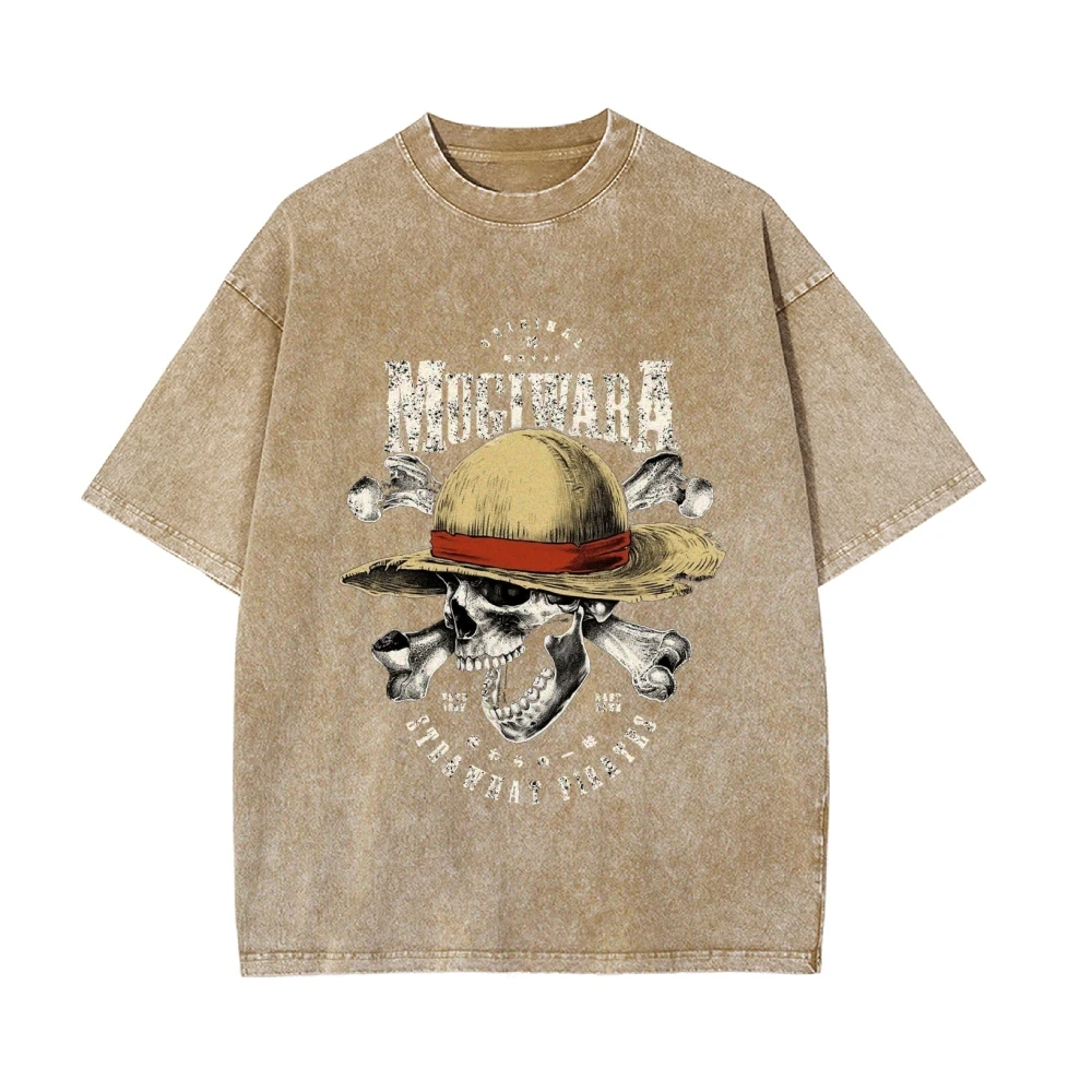 メンズ Tシャツ ワンピース アニメ ルフィ 草帽 海賊団 プリント ウォッシュドコットン カジュアル 半袖 Tシャツ 夏 ストリートウェア カジュアルトップ