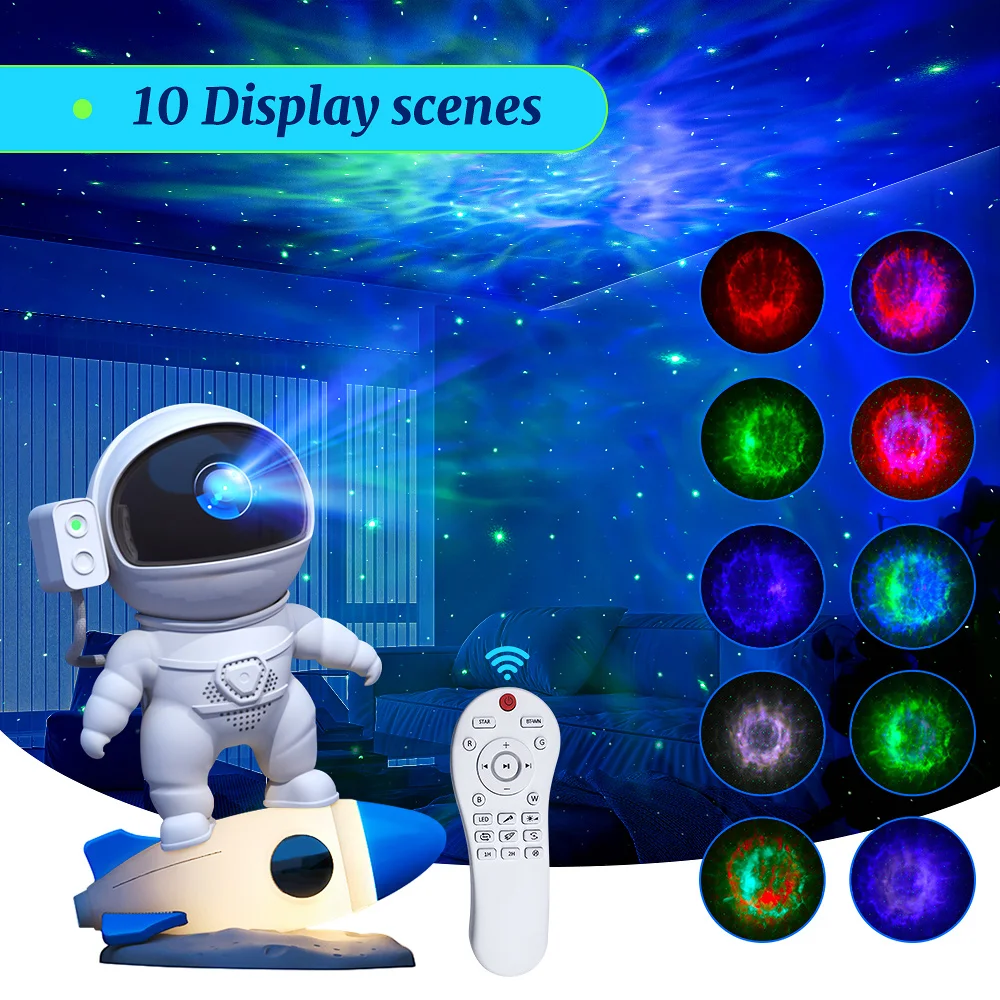 Rocket Nebula Music Astronaut Galaxy Star Projector Night Light, 360° Rotating Starry Lamp with Remote + APP, 8 Colors for Kids