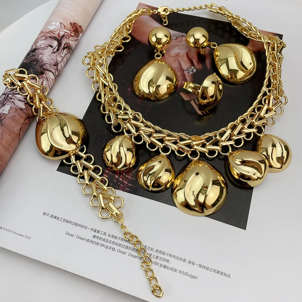 EMMA المرأة الأفريقية قلادة أقراط سوار فستان الزفاف حتى اكسسوارات طقم مجوهرات مطلية بالذهب الإيطالي FHK21633