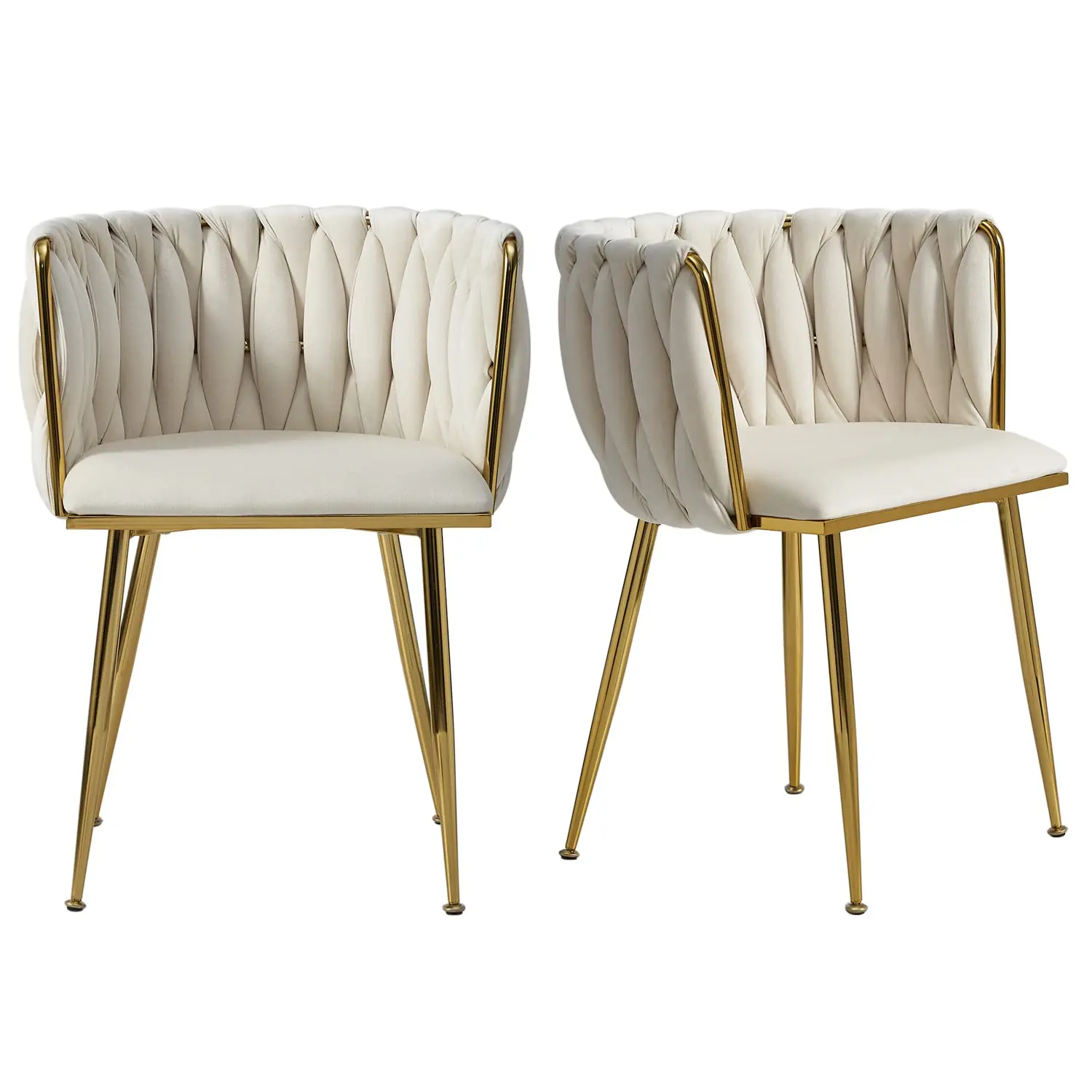 Velvet Dining Chairs Set of 2, Modern Upholstered Dining Room Chairs with Golden Metal Legs and Woven Backrest for Dining Room,