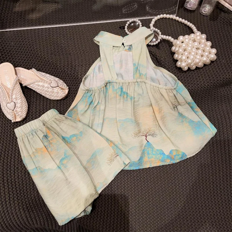 New Girls' National Style Landscape Painting Plate Buckle round Neck Doll Shirt Dress Shorts Two-Piece Set2024Summer wear suit-W