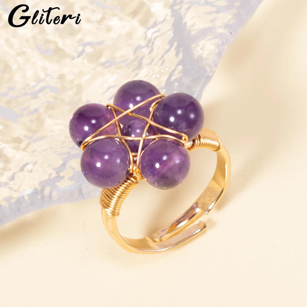 GEITERI Natural Crystal Flower Rings For Women Girls Gold Color Wire Winding Purple Crystal Finger Ring Charm Jewelry Party Gift