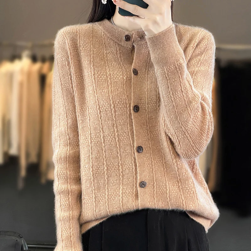 ZYCZCXX 100% Merino Wool Women\'s Sweater Cardigan 2024 Autumn/Winter new crewneck knitted jacquard cardigan women\'s Korean top