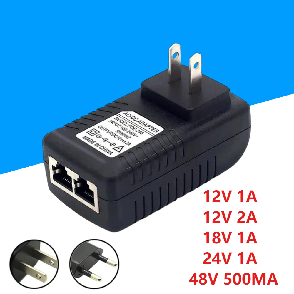 POE Power Supply Adapter 12V 18V 24V 48V 0.5A 1A 2A  EU/US Plug AC To DC POE Injector for CCTV IP Camera