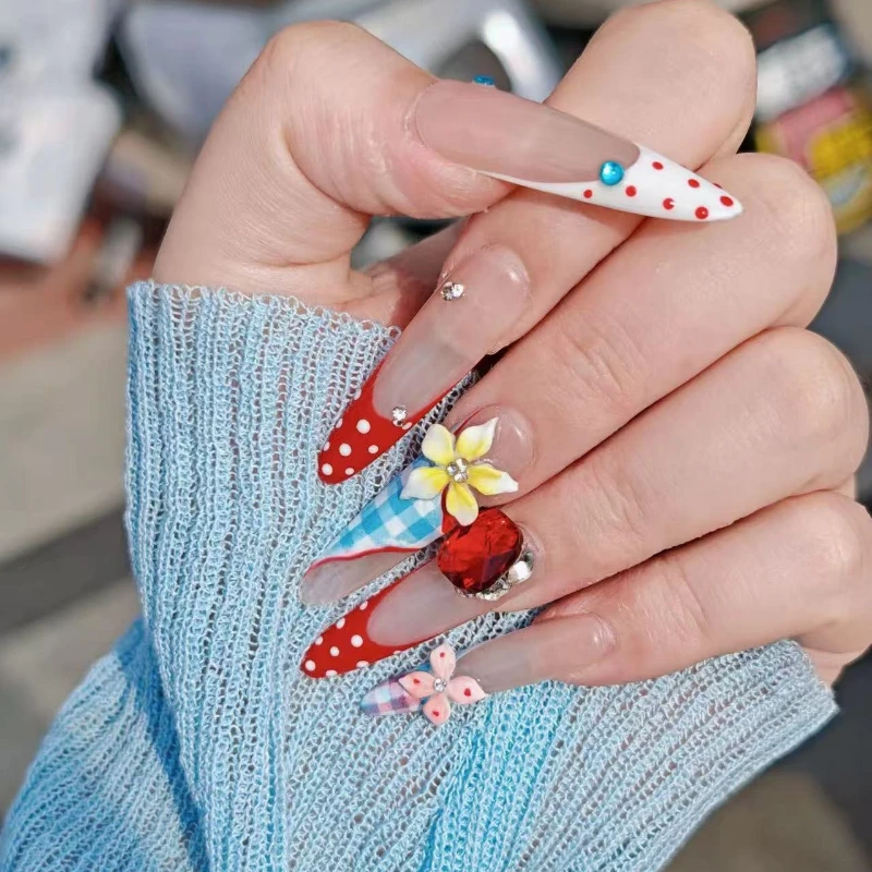 

10 шт., летние накладные ногти на шпильке Y2k, ручная работа, накладные ногти, цветок, бриллиантовый декор, красный французский миндаль, накладные ногти, милый стиль