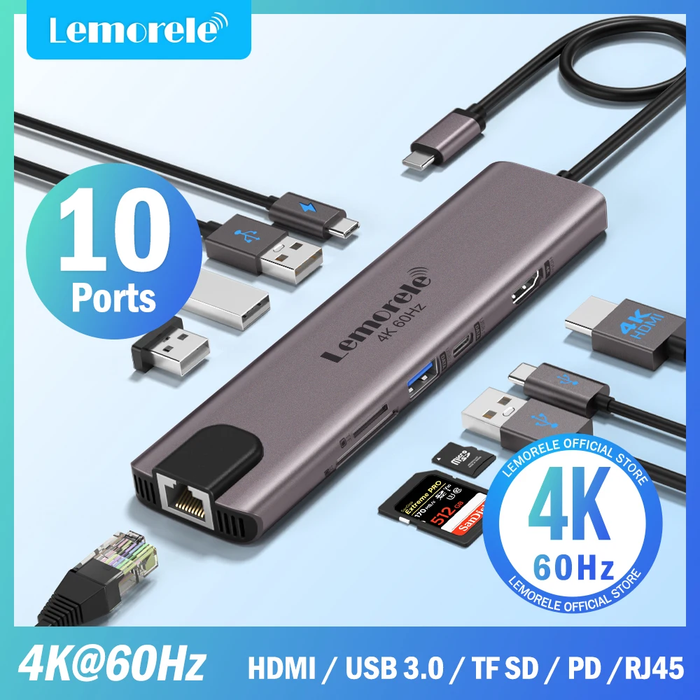 Lemorele TC46 10in1 USB HUB Docking Station USB c Hub HDMI 4K 60Hz USB 3.0 RJ45 PD100W 1000Mbps Carga Para Macbook Pro Laptop