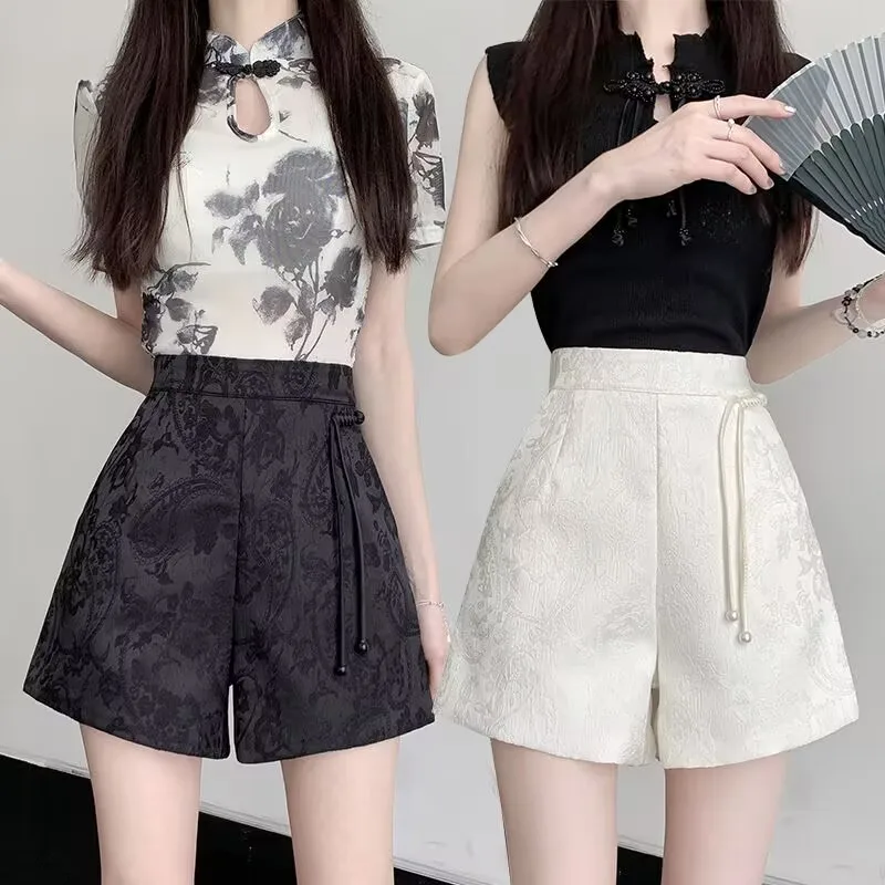 2025 Chinese Style Jacquard Satin Tassel Shorts High Waist Casual Short Ladies Shorts Office Lady Elegant Elastic Waist Short