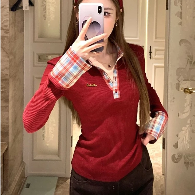 

Women Old Money Vintage Y2k Gyaru Patchwork Top T-Shirt Long Sleeve Polo Collar Tees 2000s Aesthetic Slim College Preppy Style