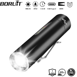 BORUiT V5 UV LED Flashlight 500LM Type-C Rechargeable Work Light Torch with Clip Waterproof Camping Lantern