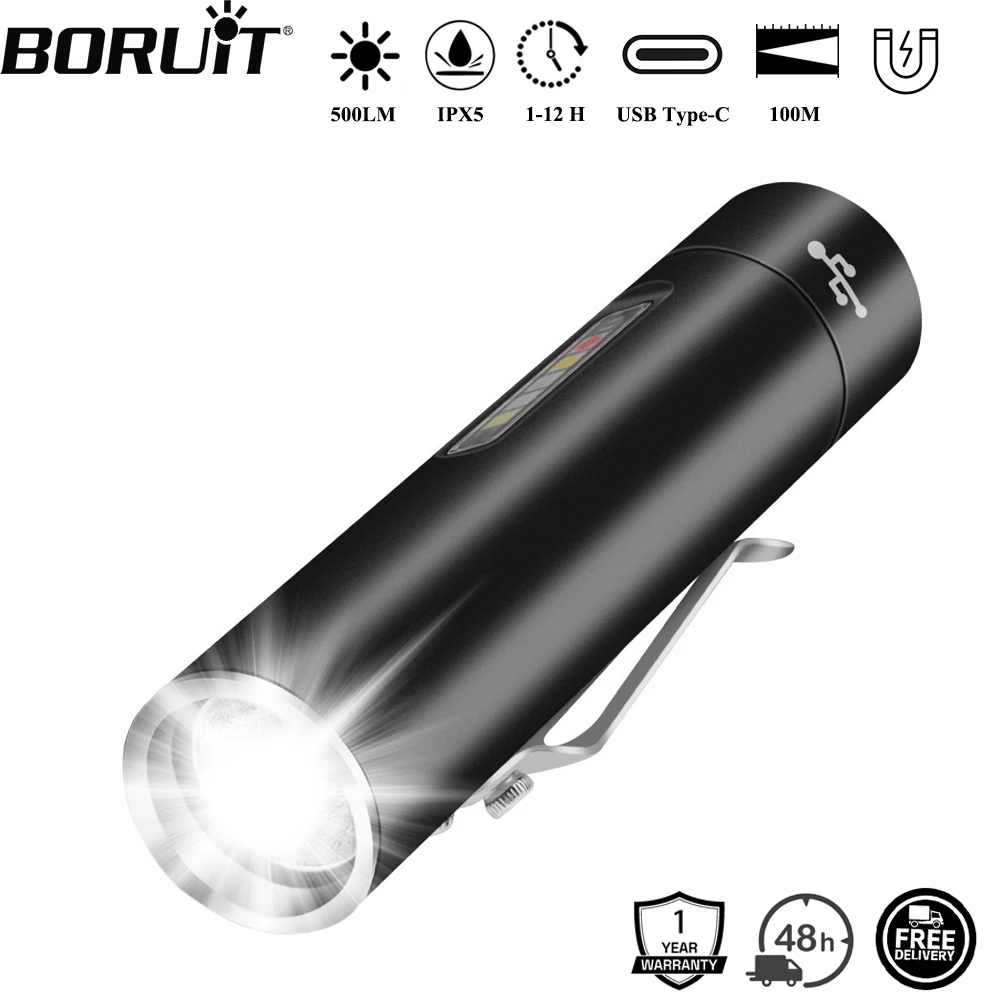 BORUiT V5 UV LED Flashlight 500LM Type-C Rechargeable Work Light Torch with Clip Waterproof Camping Lantern
