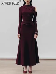 XIWEN Hollow Out Long-sleeve Solid Color Patchwork High Waist A-line Elegant Banquet Women's Dress 2024 Autumn Winter New XF3254