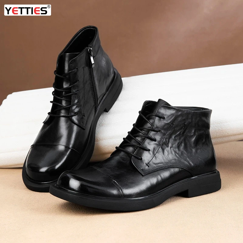 

YETTIES Men's Round Toe Work Boots, Genuine Leather Mid-Calf Motorcycle Boots, British Vintage Style Durable Comfort Footwear