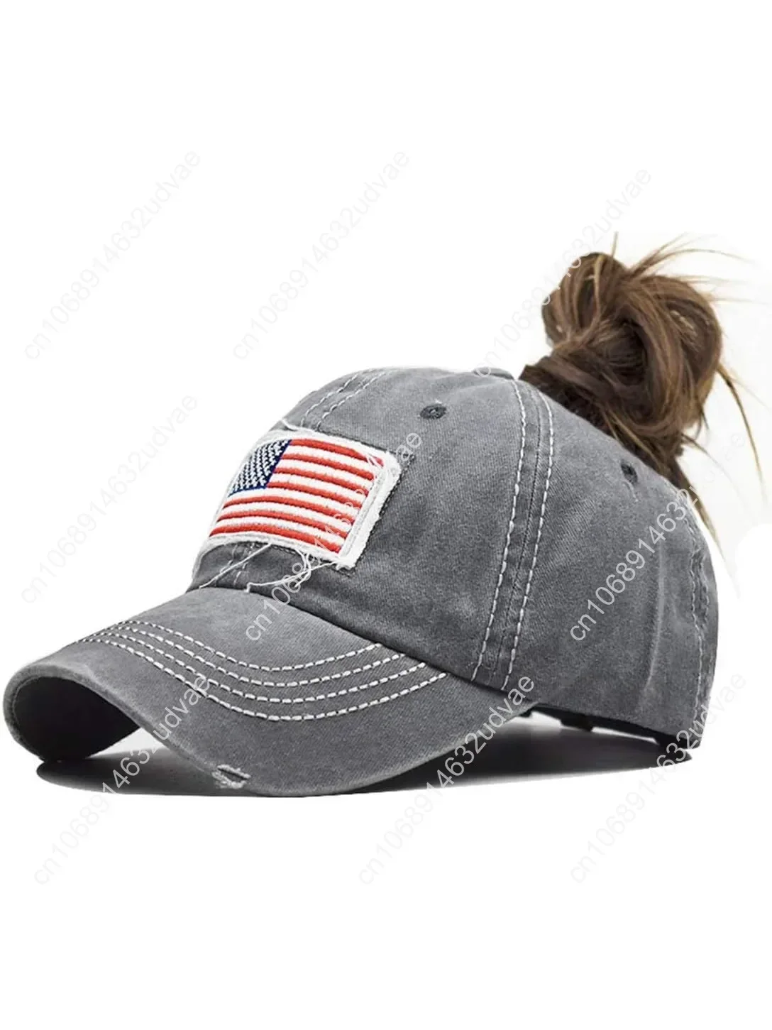 

Distressed Ponytail Hat for Women American-Flag Pony Tail Caps High Bun